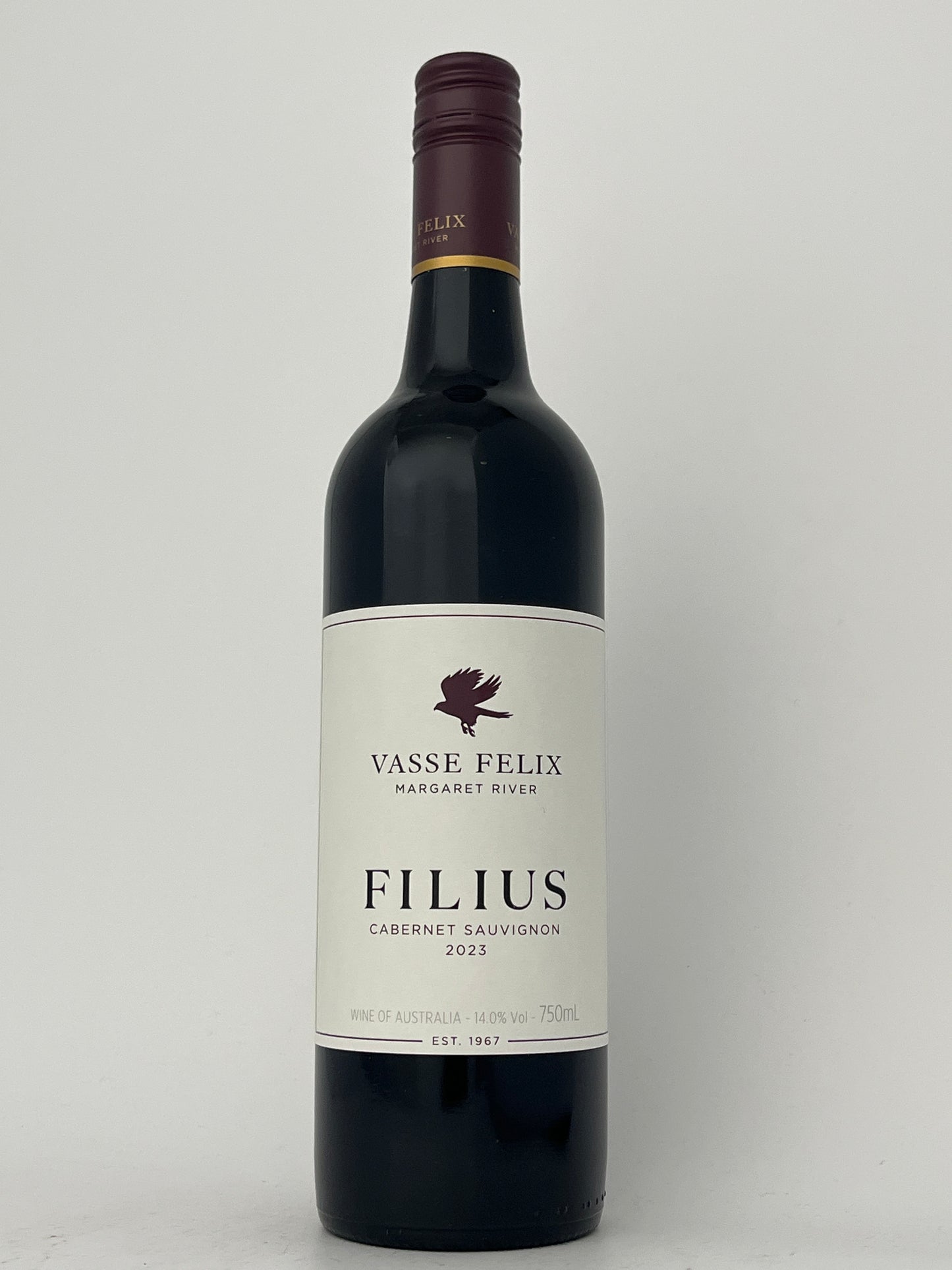 Bottle of Vasse Felix, Cabernet Sauvignon, "Filius," Margaret River, Western Australia, Australia 2023 in a white backround.	