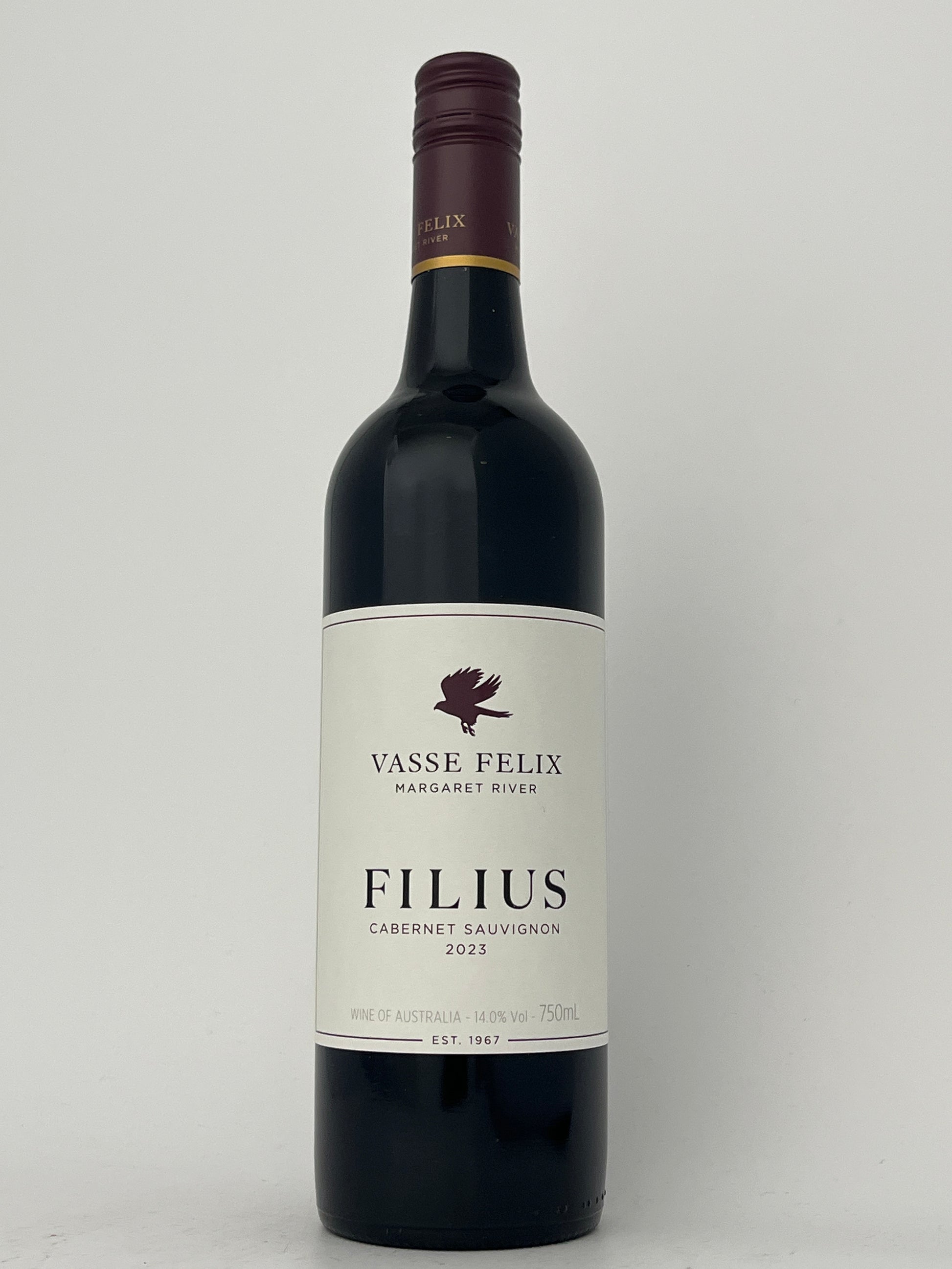 Bottle of Vasse Felix, Cabernet Sauvignon, "Filius," Margaret River, Western Australia, Australia 2023 in a white backround.	