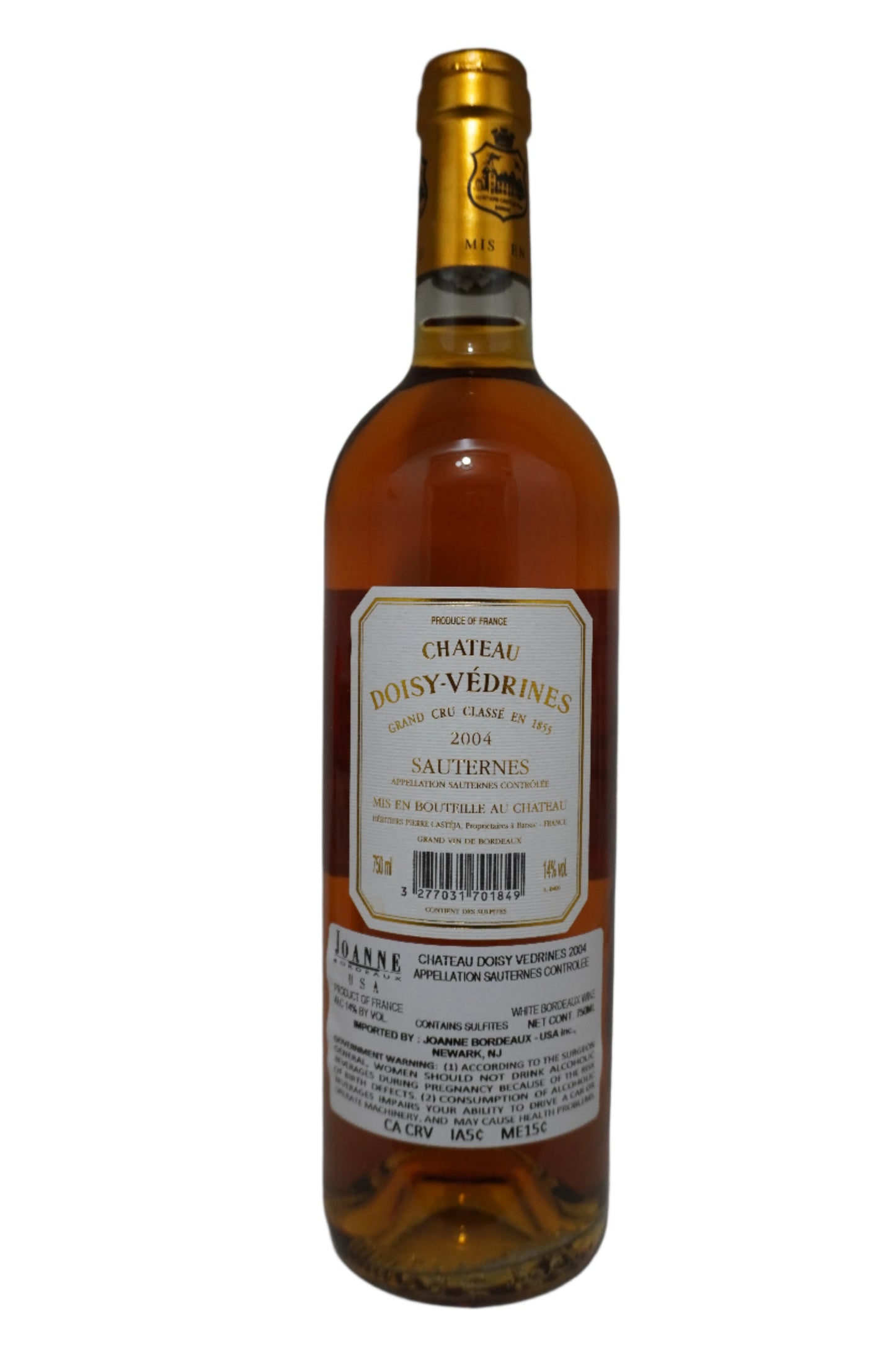 Back Label of bottle of Chateau Doisy-Vedrines, Semillon, Sauternes, Bordeaux, France 2004