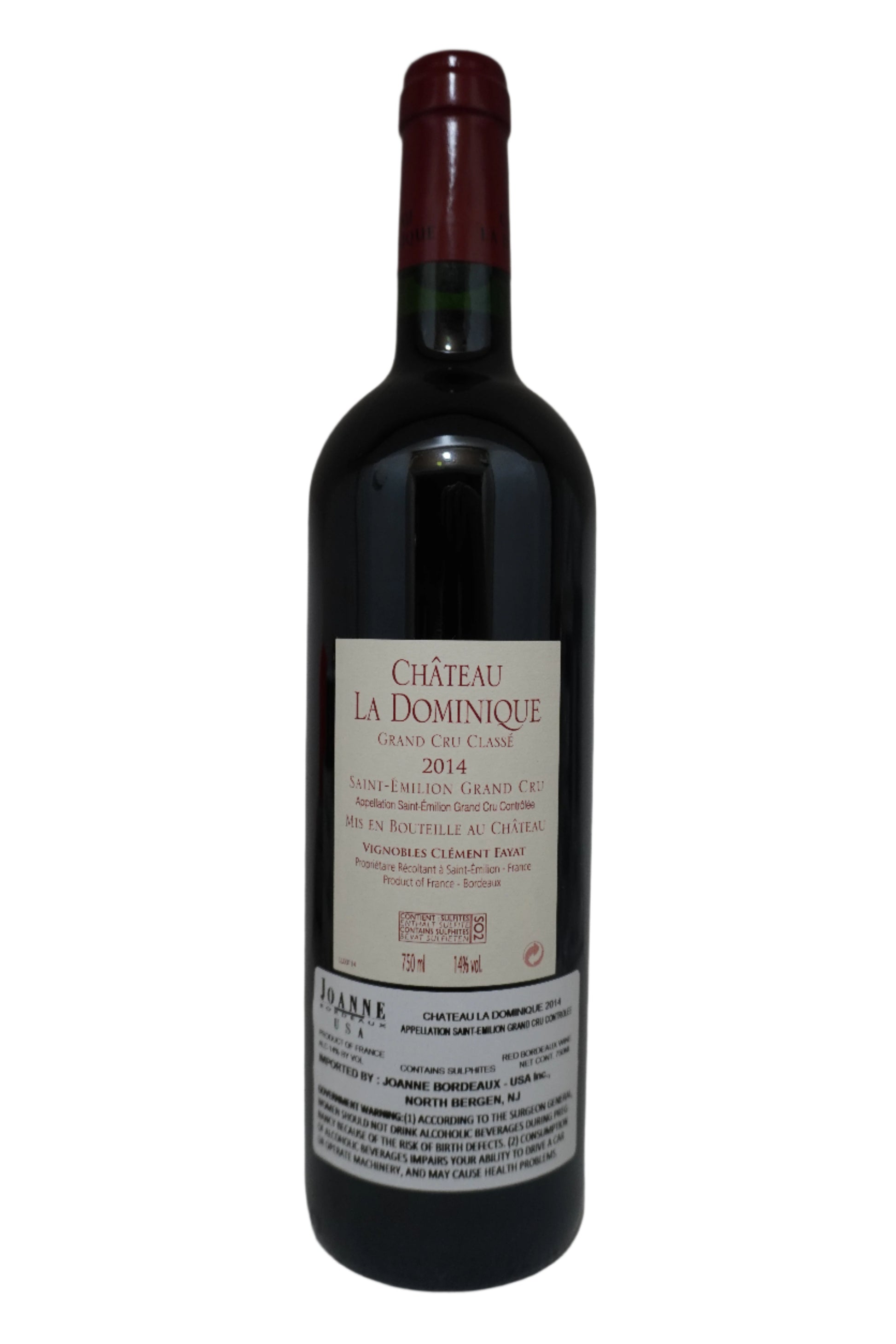 Back label of bottle of Chateau La Dominique Merlot Saint-Emilion-Grand Cru Classe Bordeaux France 2014