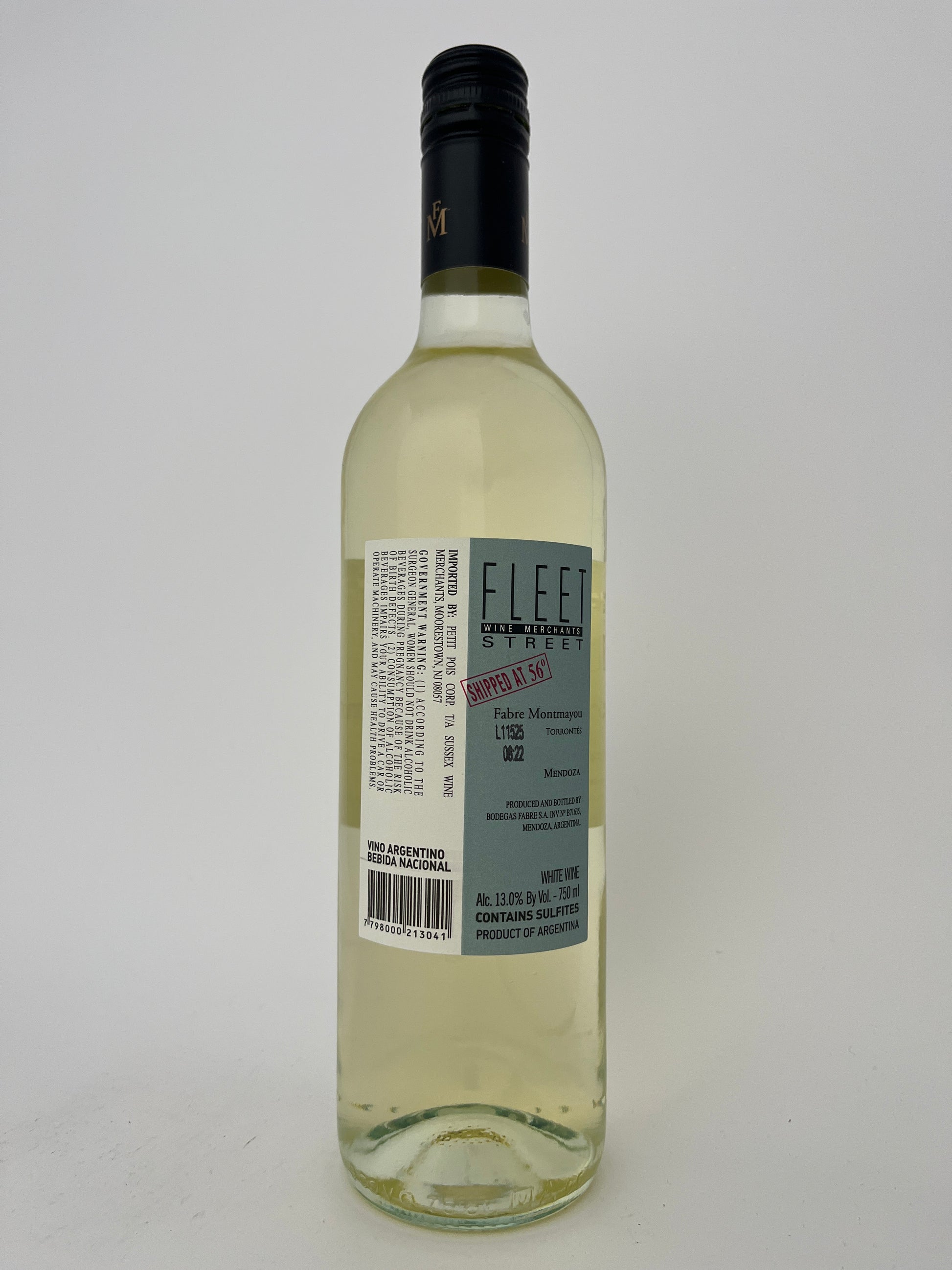 Back label of a bottle of Fabre Montmayou, Torrontes, Mendoza, Argentina 2024 in a white backround.