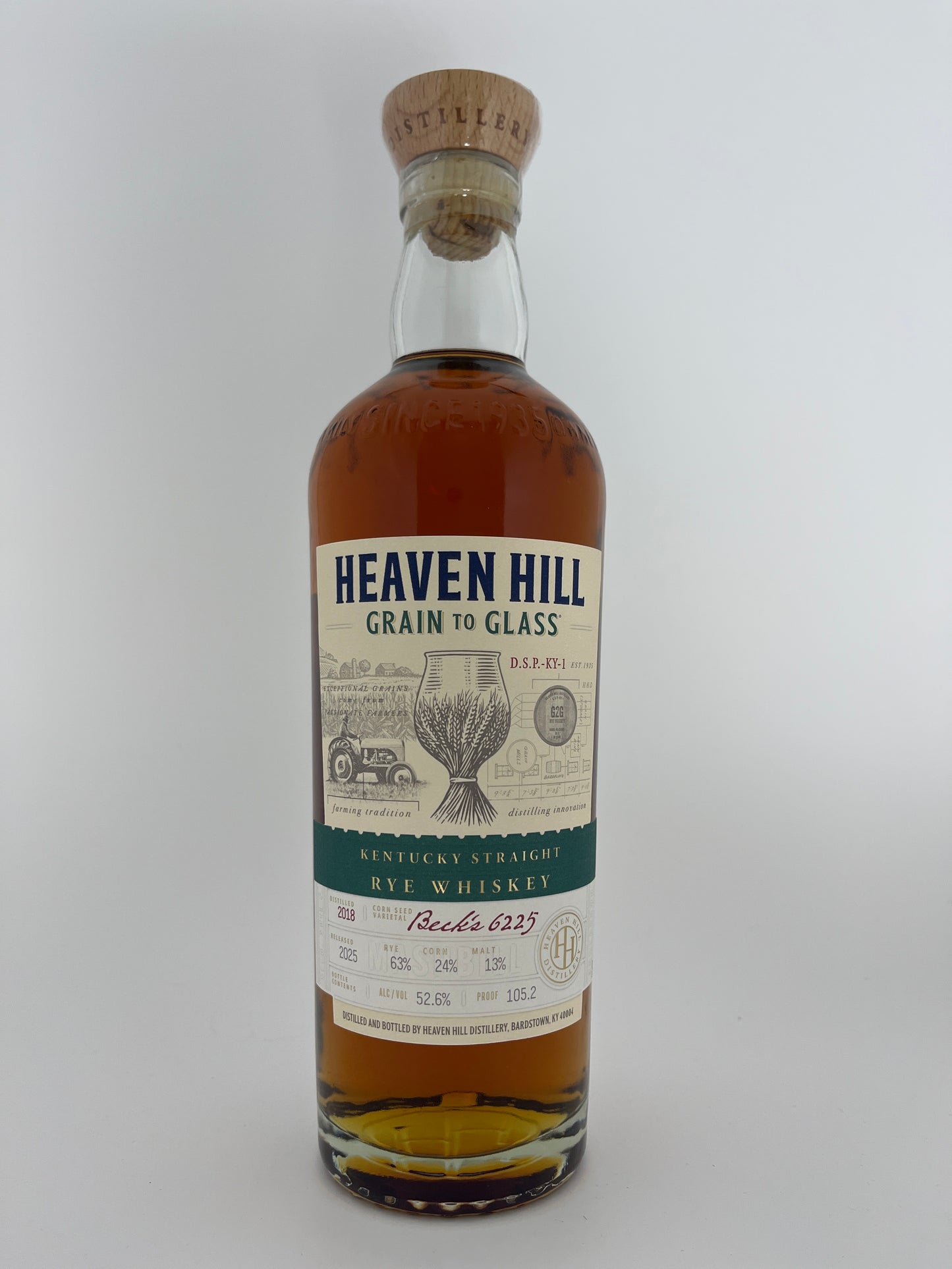 Bottle of Heaven Hill Rain to Glass Rye Whiskey on a white background
