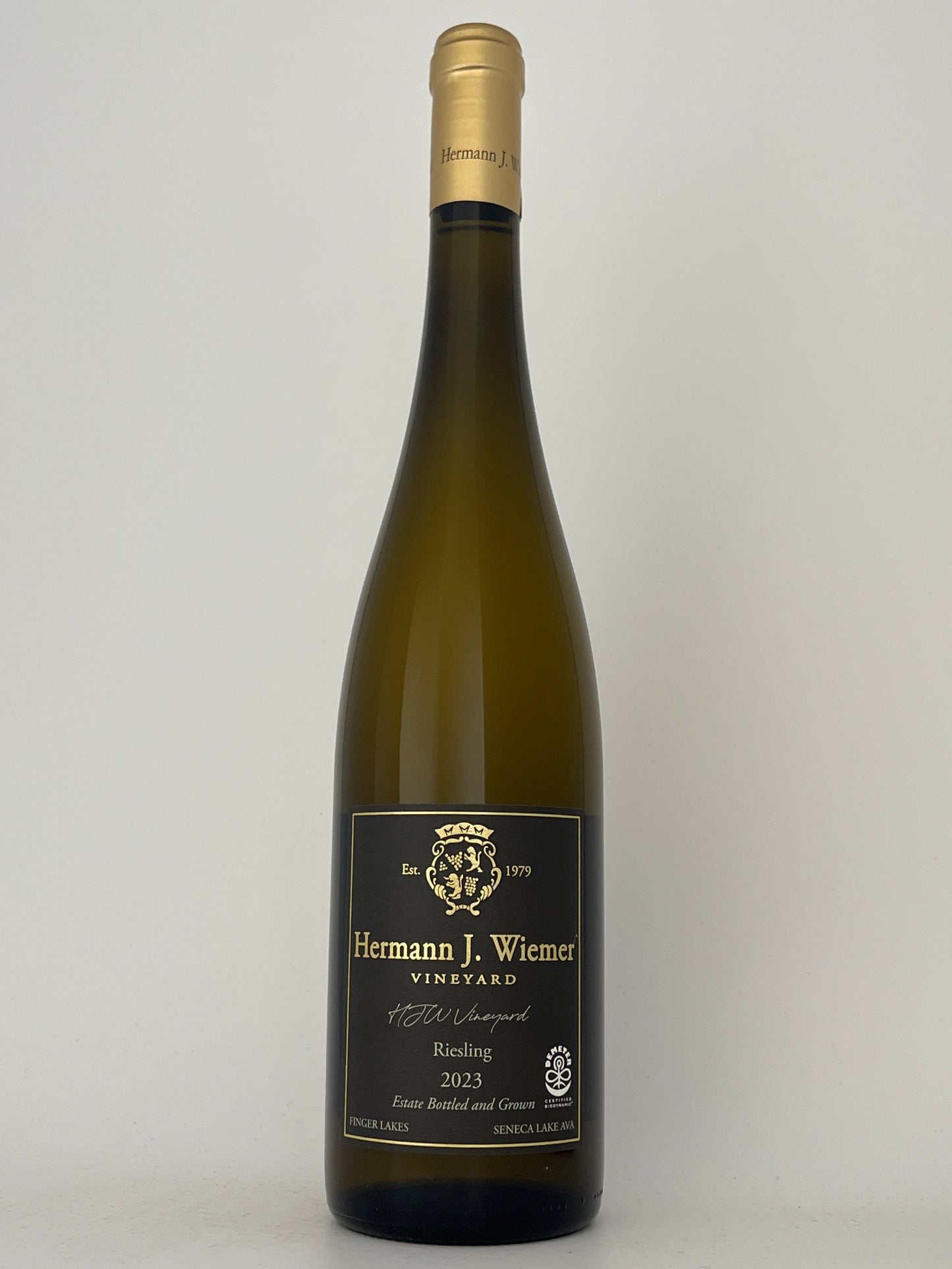 Bottle of Hermann J. Wiemer, Riesling, "HJW," Finger Lakes, New York, United States 2023 in a white backround.	