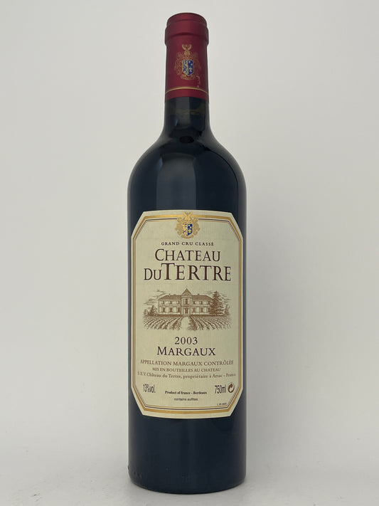 Bottle of Chateau du Tertre, Cabernet Sauvignon, Margaux, Bordeaux, France 2003 in a white backround.	