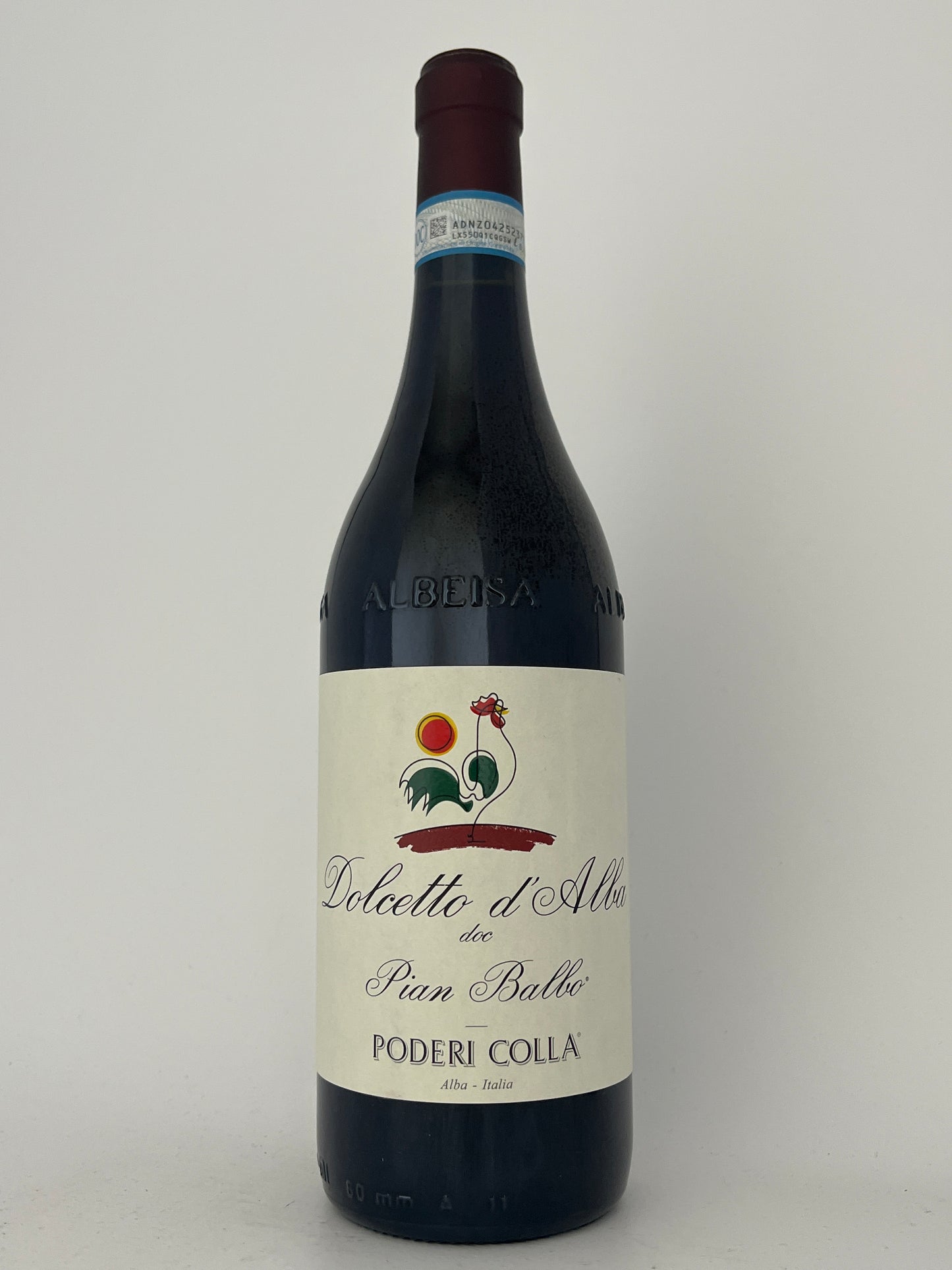 Bottle of Poderi Colla, Dolcetto d'Alba, "Pian Balbo," Piedmont, Italy 2023 in a white backround.	