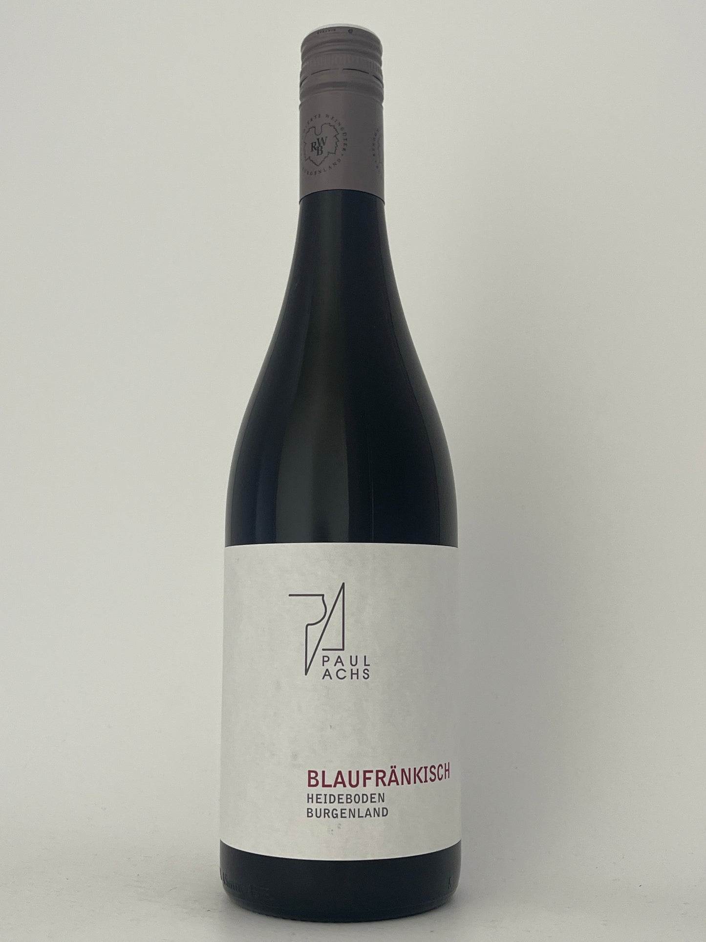 Bottle of Paul Achs, Blaufrankisch, "Heideboden," Burgenland, Austria 2021 in a white backround.