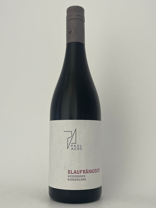 Bottle of Paul Achs, Blaufrankisch, "Heideboden," Burgenland, Austria 2021 in a white backround.