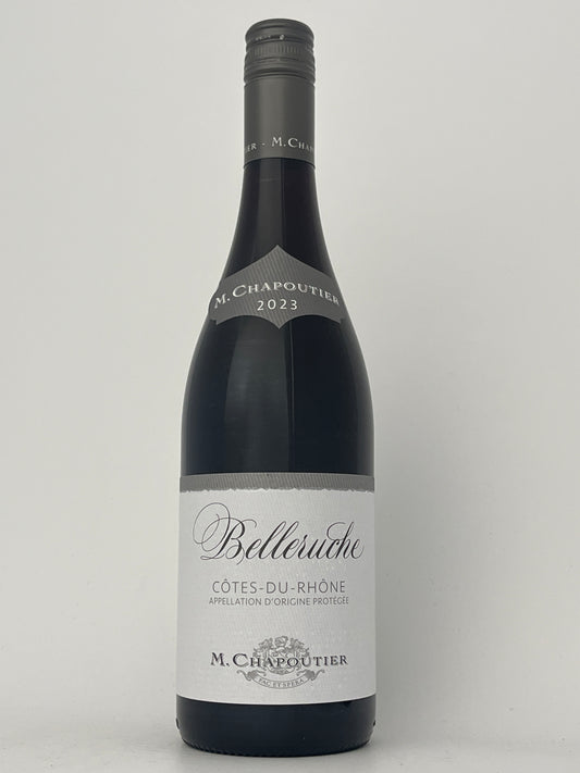 Bottle of M. Chapoutier, Syrah, "Belleruche," Cotes du Rhone, France 2023 in a white backround.	