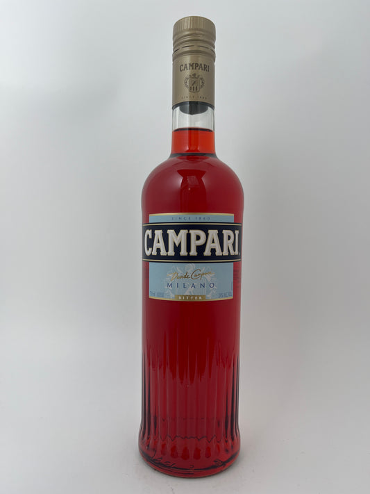 Bottle of Campari in a white backround.	