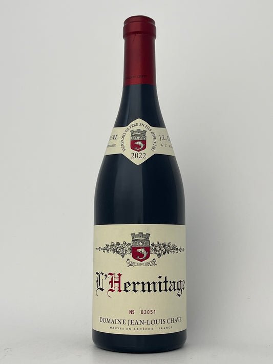 Bottle of Jean Louis Chave, Syrah, Hermitage, Rhone, France 2022 in a white backround.	