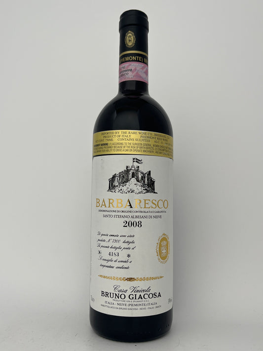Bottle of Bruno Giacosa, Nebbiolo, Santo Stefano, Barbaresco, Piedmont, Italy 2008 in a white backround.	