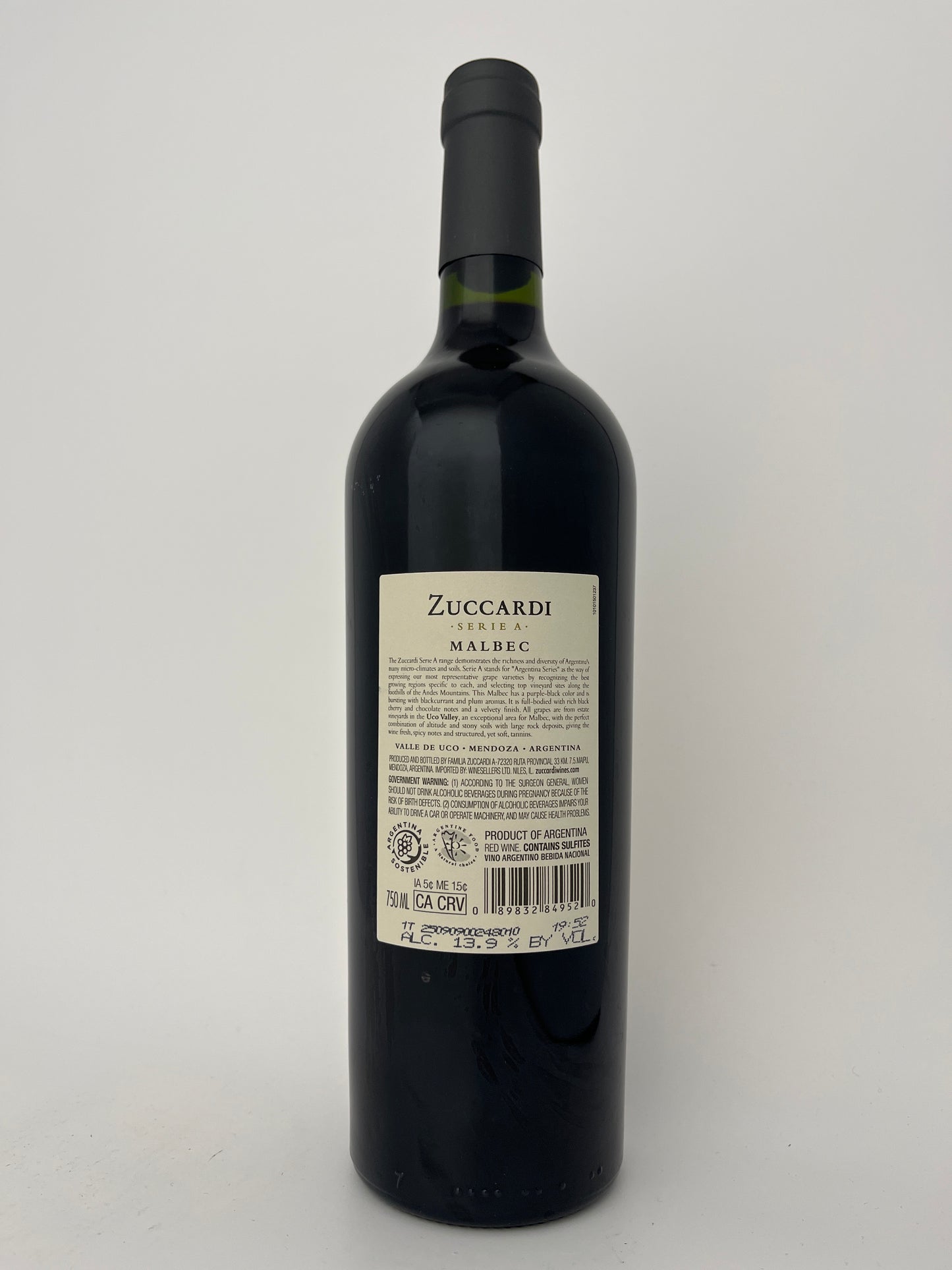 Back label of a bottle of Zuccardi, Malbec, "Serie A," Uco Valley, Mendoza, Argentina 2024 in a white backround.