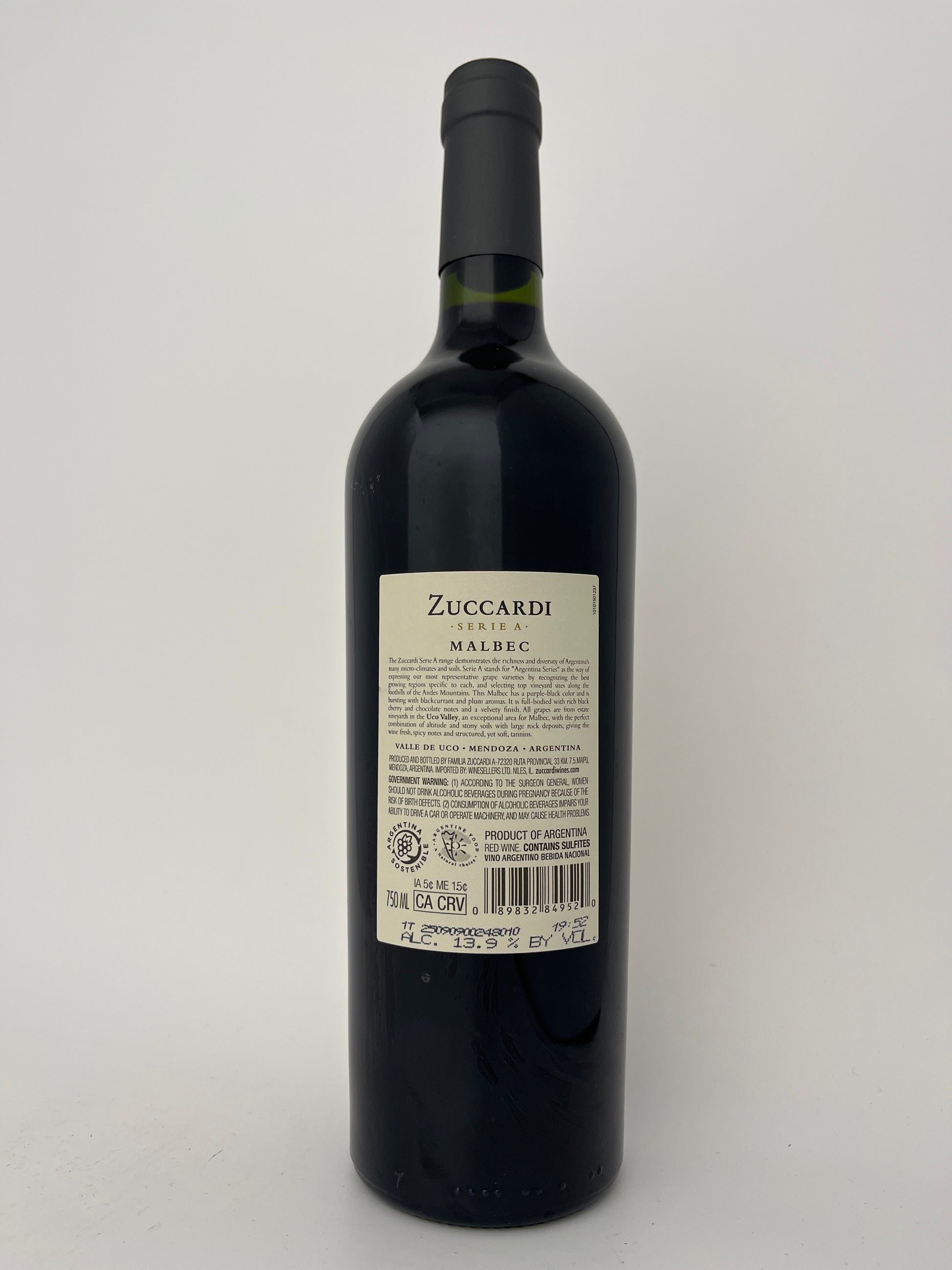 Back label of a bottle of Zuccardi, Malbec, "Serie A," Uco Valley, Mendoza, Argentina 2024 in a white backround.