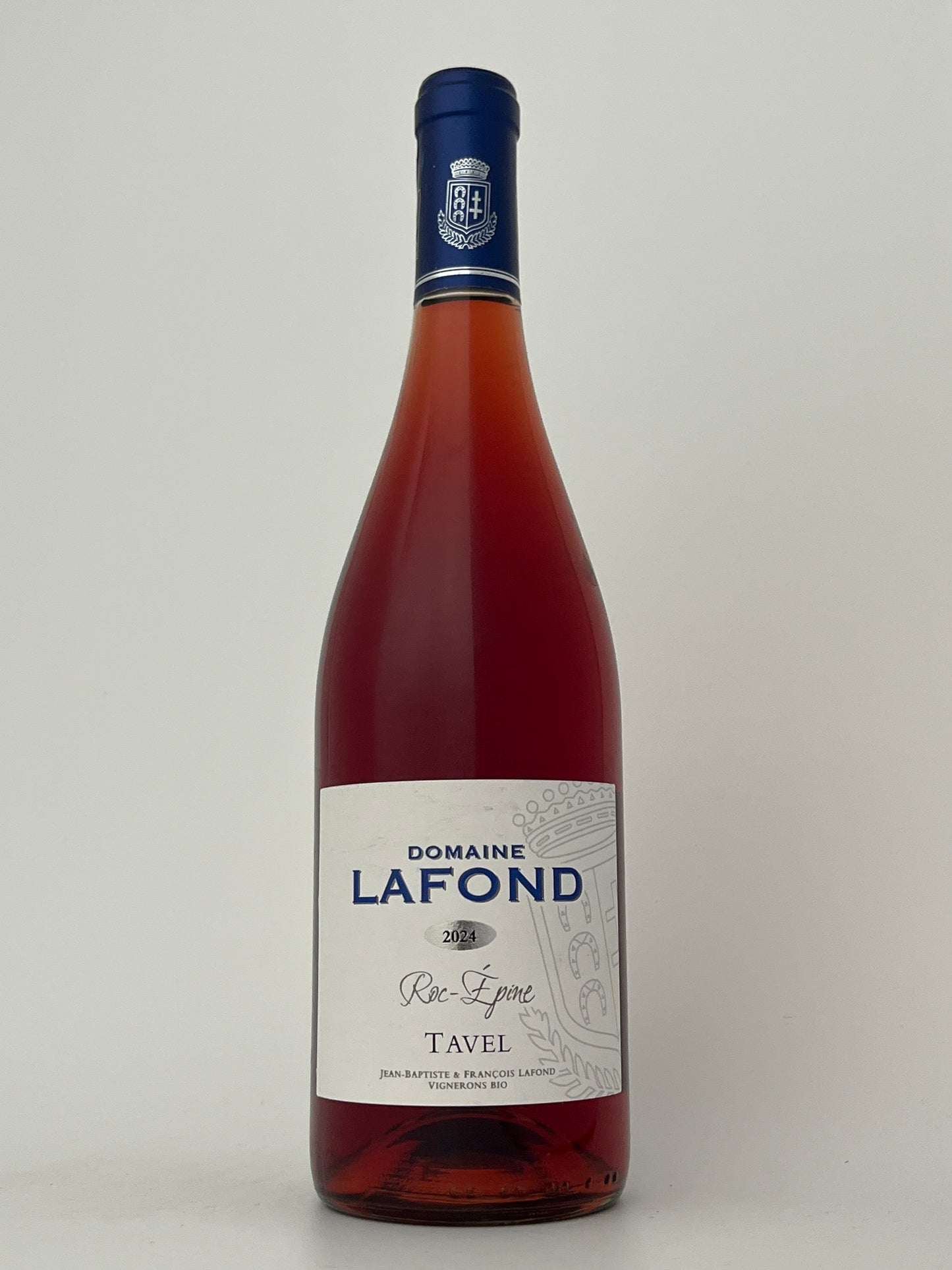 Bottle of Domaine Lafond, Rose of Grenache, "Roc-Epire," Tavel, Rhone, France 2024 in a white backround.
