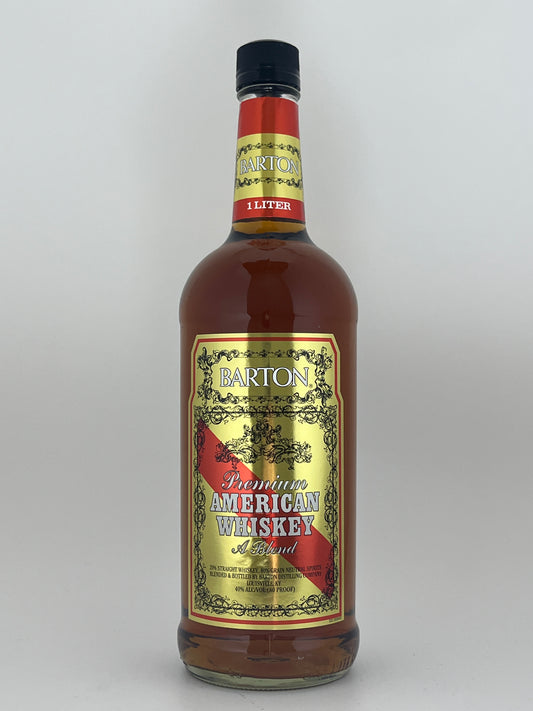 Bottle of Barton American Whiskey (1 L) in a white backround.