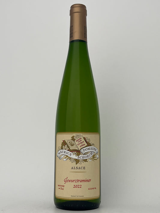 Bottle of Maurice Schoech, Gewurztraminer, Alsace, France 2022 in a white backround.	