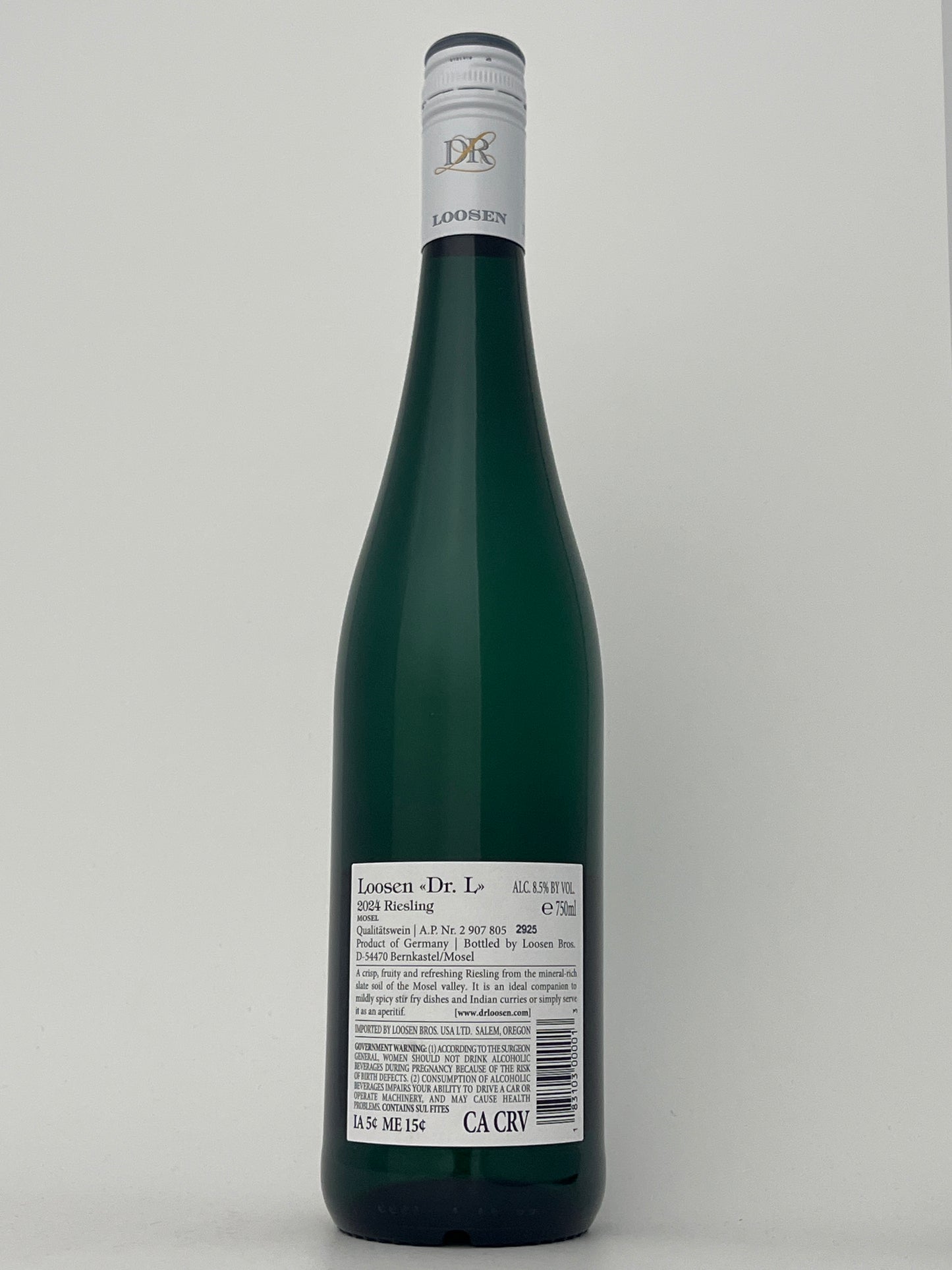 Back label of a bottle of Dr. Loosen, Riesling, "Dr. L," Mosel, Germany 2024 in a white backround.