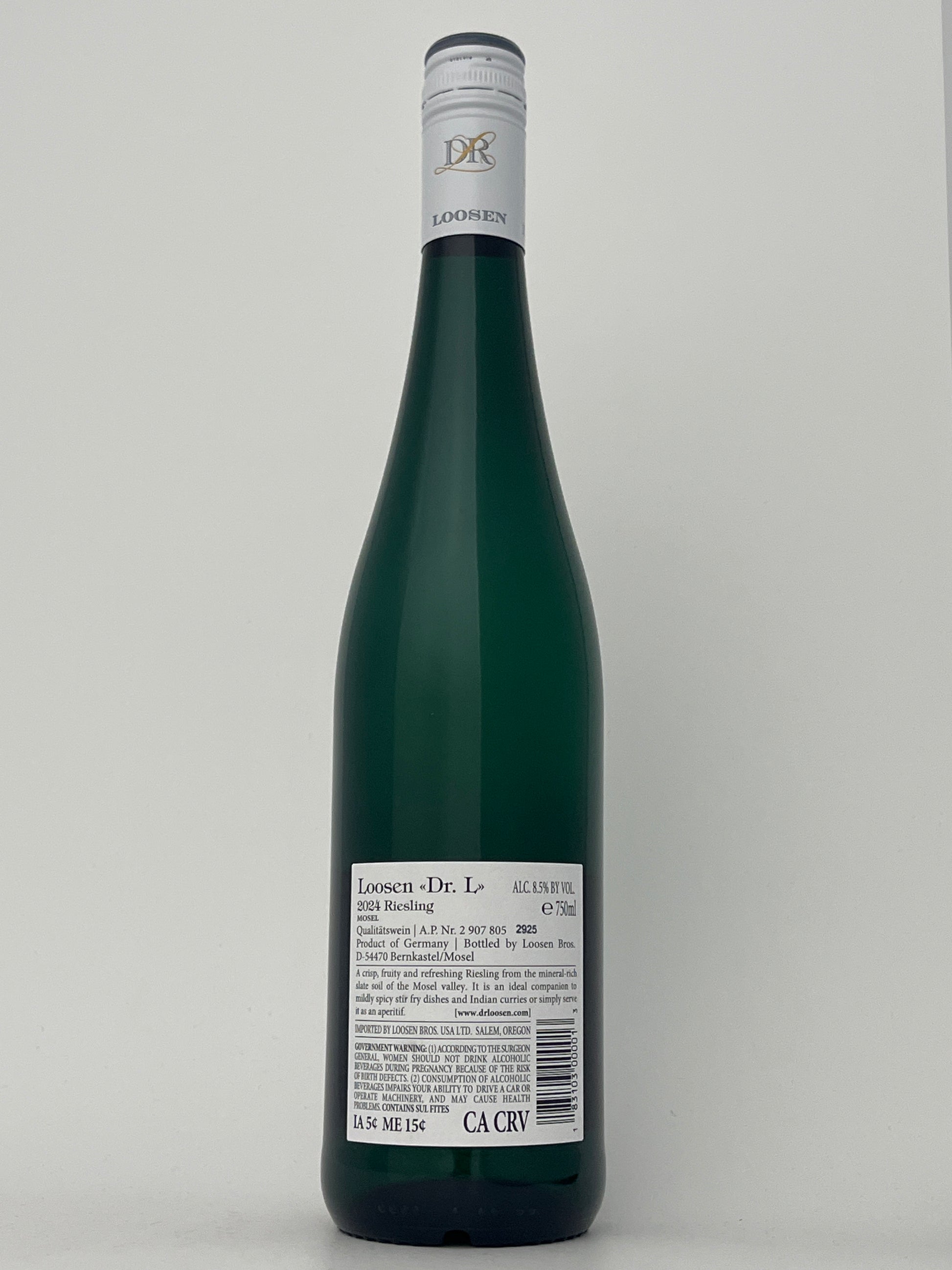 Back label of a bottle of Dr. Loosen, Riesling, "Dr. L," Mosel, Germany 2024 in a white backround.