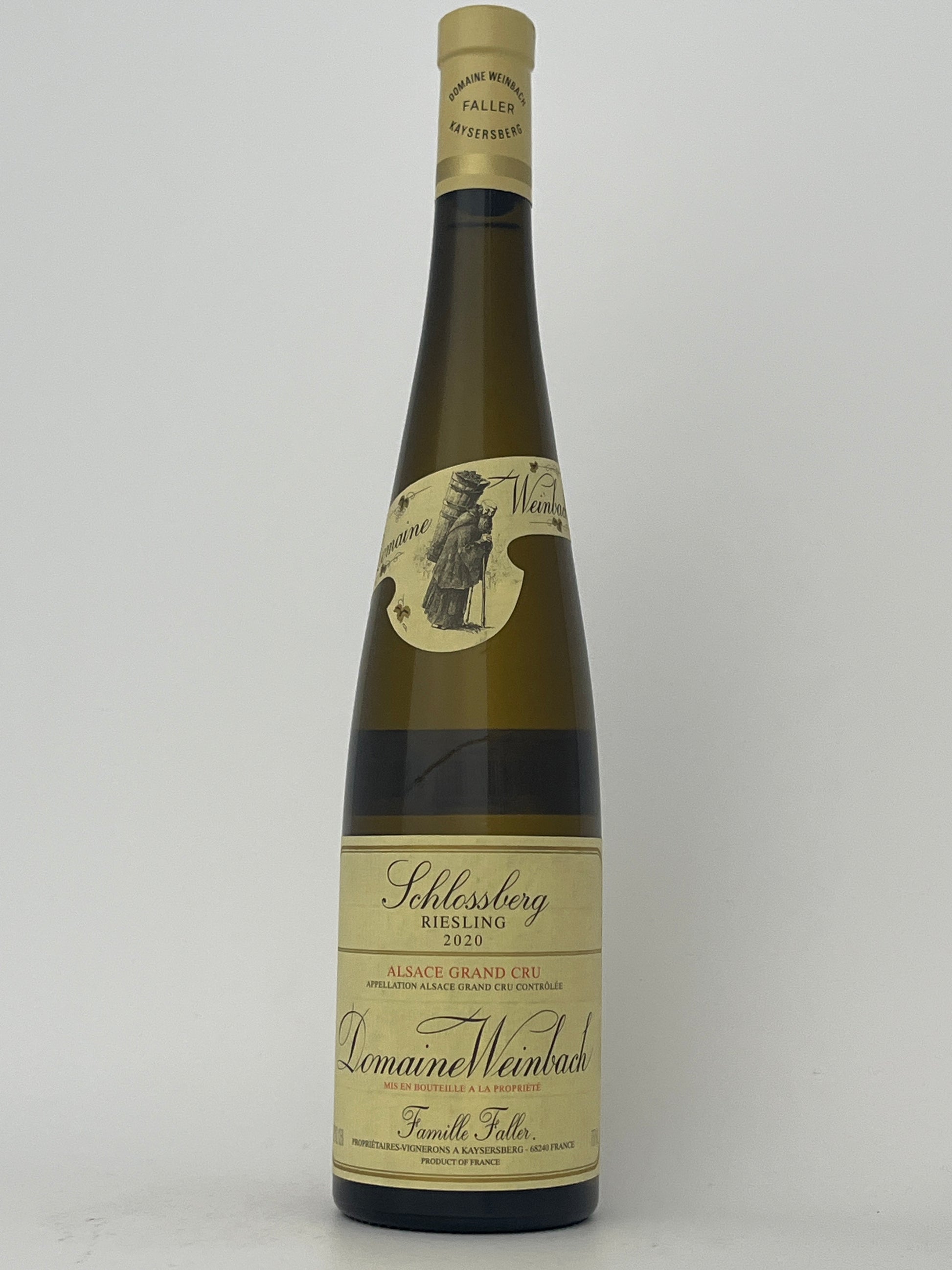 Bottle of Weinbach, Riesling, Schlossberg- Grand Cru, Alsace, France 2020 in a white backround.