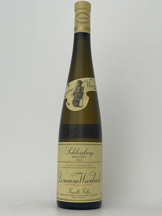 Bottle of Weinbach, Riesling, Schlossberg- Grand Cru, Alsace, France 2020 in a white backround.