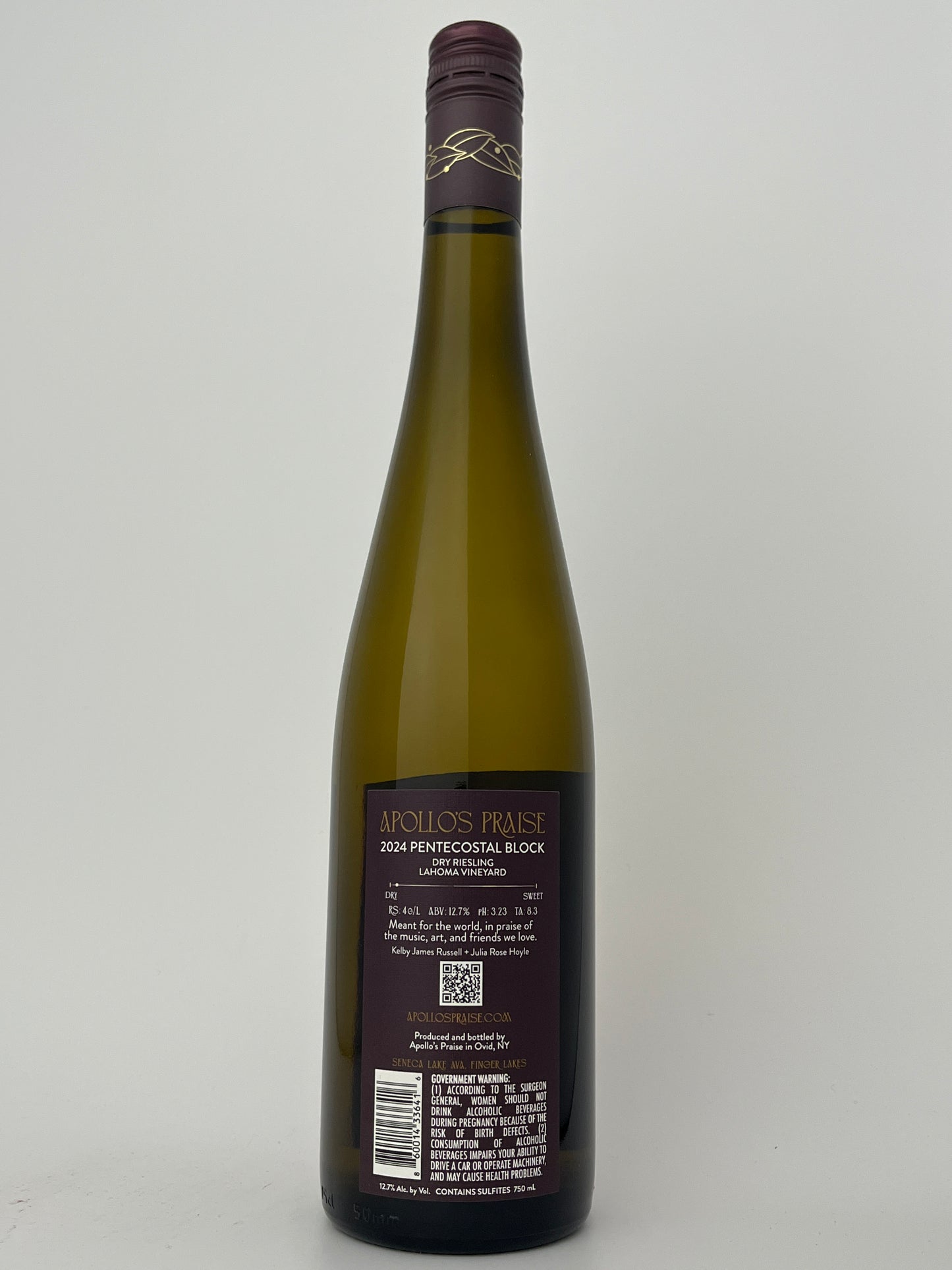 Apollo's Praise, Riesling, "Lahoma Vineyard- Pentecoastal Block Dry," Seneca Lake, Finger Lakes, New York, United States, 2024