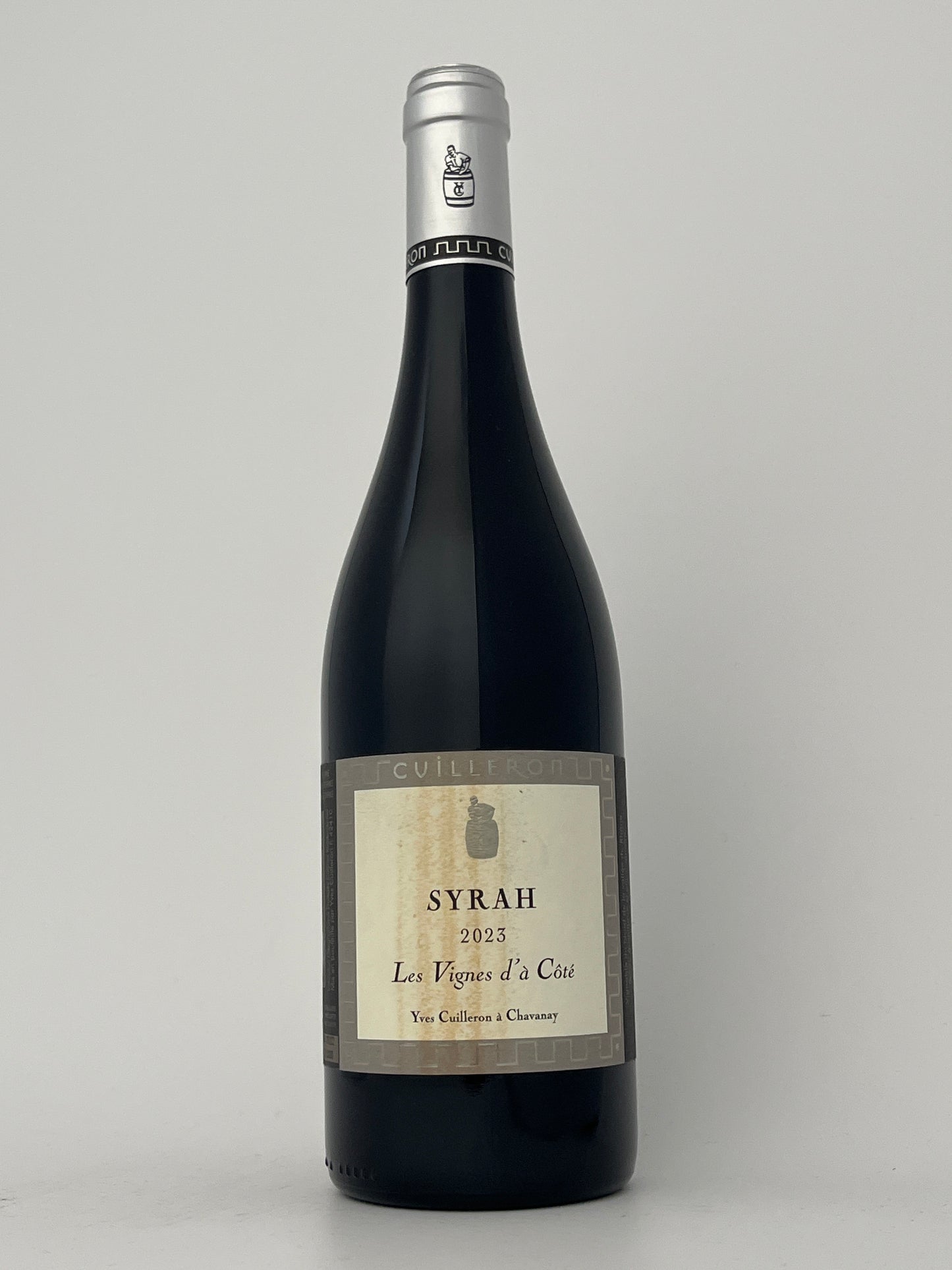Bottle of Yves Cuilleron, Syrah, 'Les Vignes d'a Cote," Collines Rhodaniennes, Rhone, France 2023 in a white backround.	