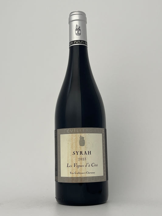Bottle of Yves Cuilleron, Syrah, 'Les Vignes d'a Cote," Collines Rhodaniennes, Rhone, France 2023 in a white backround.	