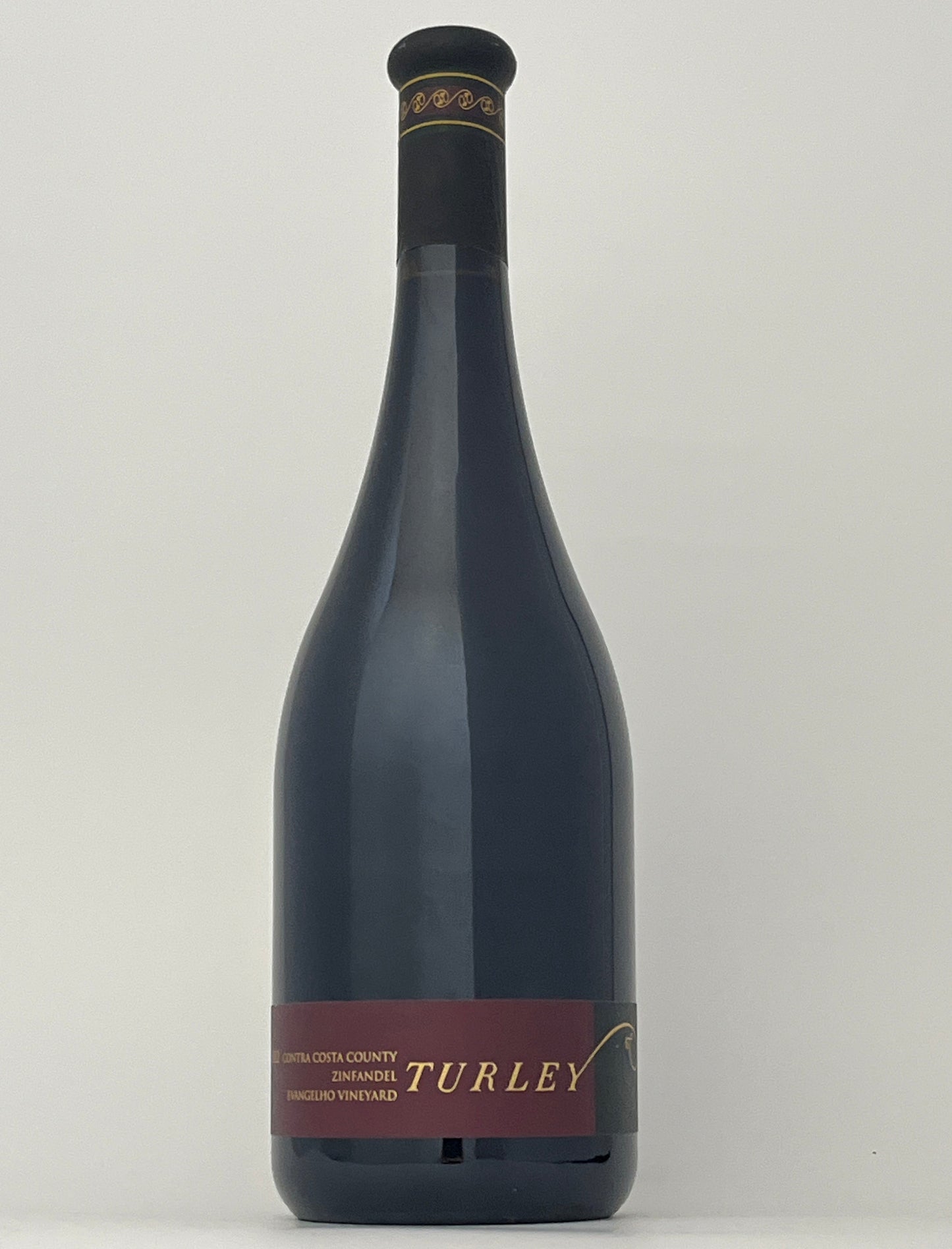 Bottle of Turley, Zinfandel, "Evangelho Vineyard," Contra Costa, California, United States 2022 in a white backround.	
