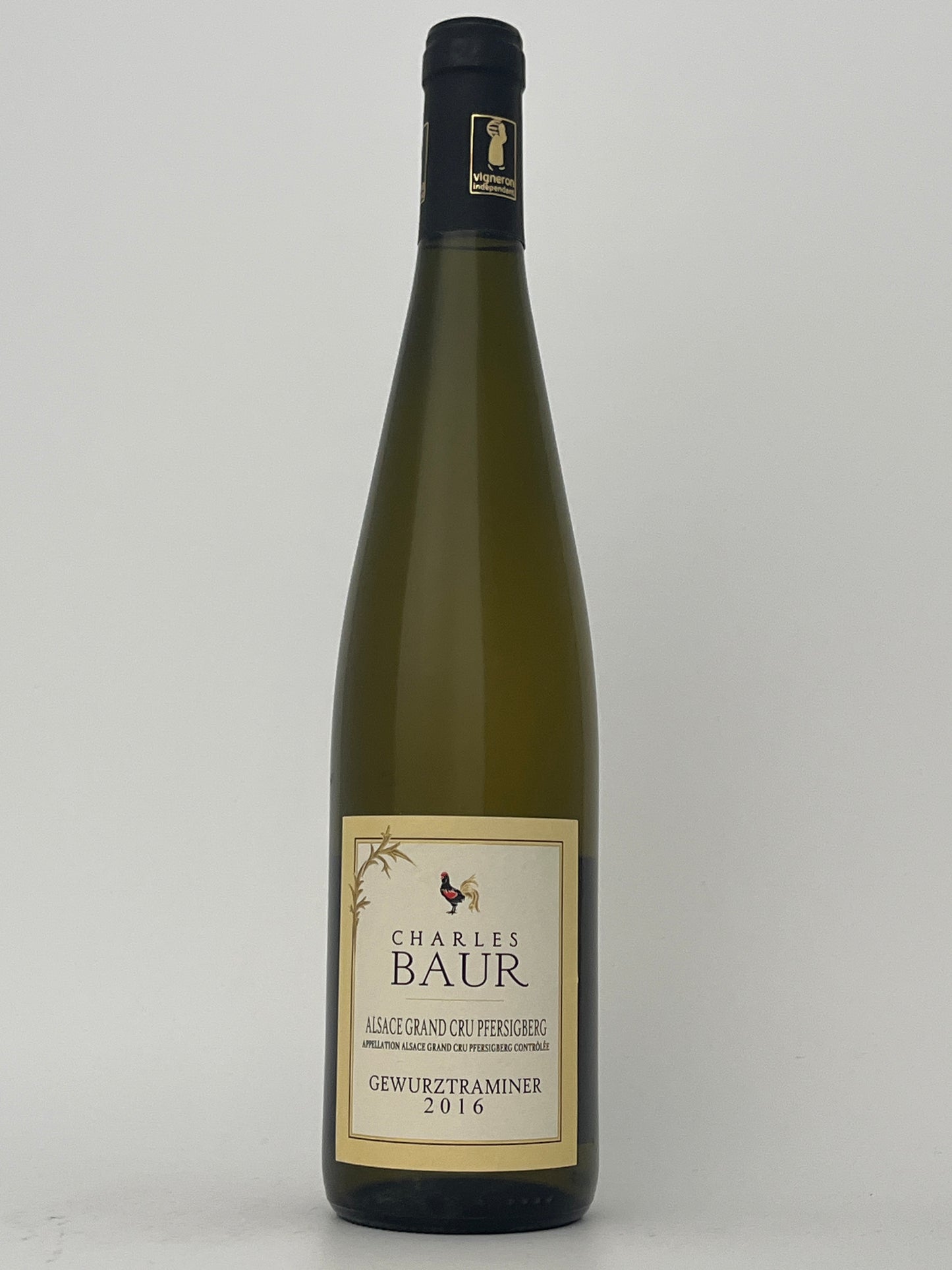 Bottle of Charles Baur, Gewurztramiiner, Pfersigberg- Grand Cru, Alsace, France 2016 in a white backround.	