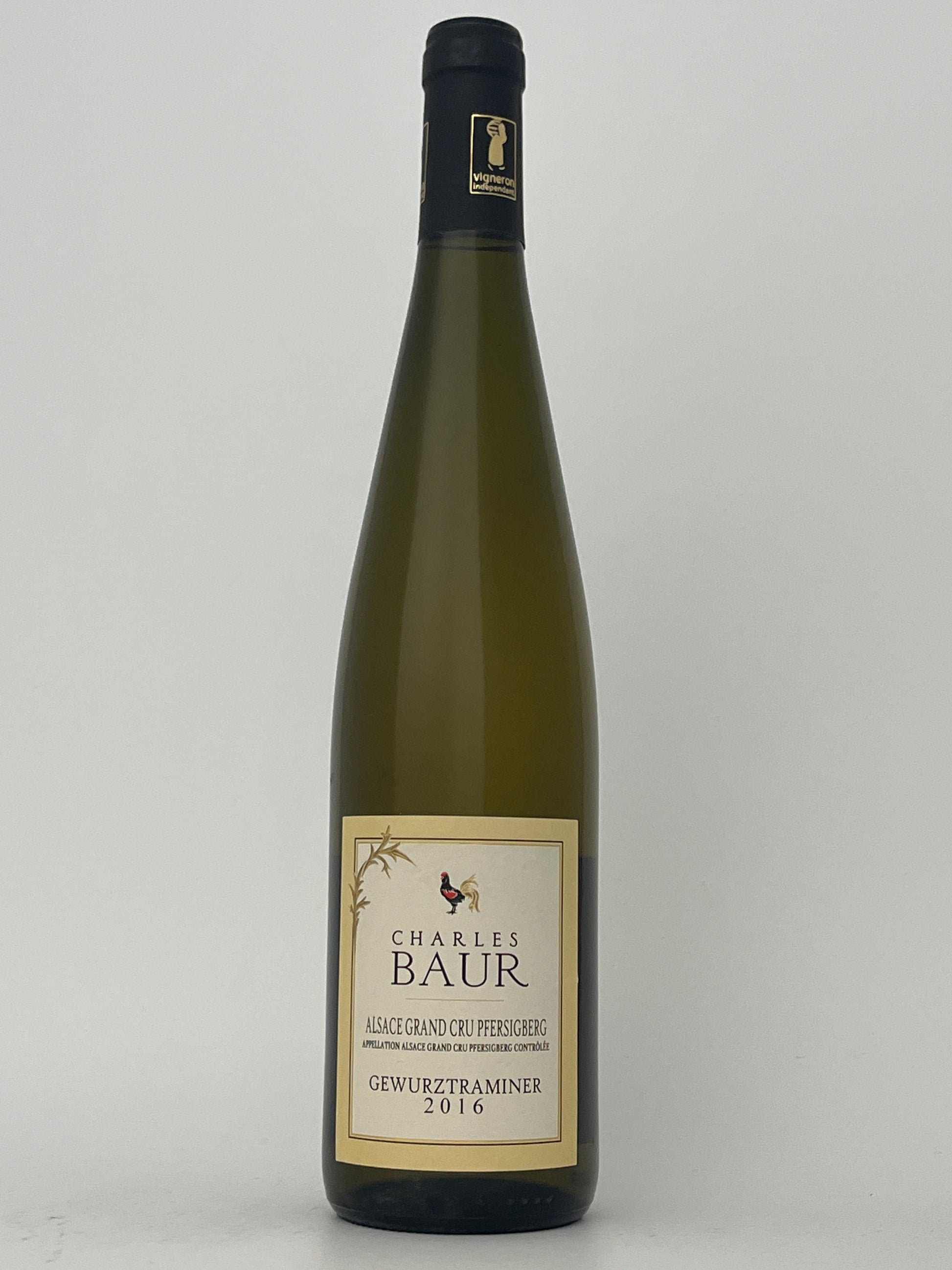 Bottle of Charles Baur, Gewurztramiiner, Pfersigberg- Grand Cru, Alsace, France 2016 in a white backround.	