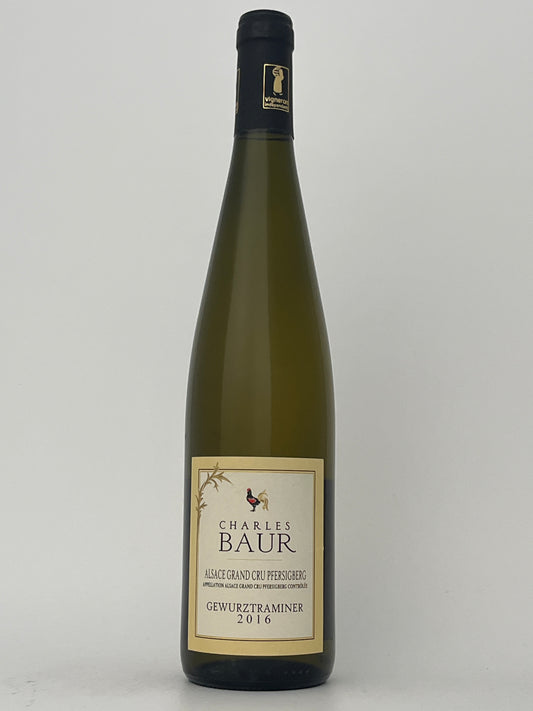 Bottle of Charles Baur, Gewurztramiiner, Pfersigberg- Grand Cru, Alsace, France 2016 in a white backround.	