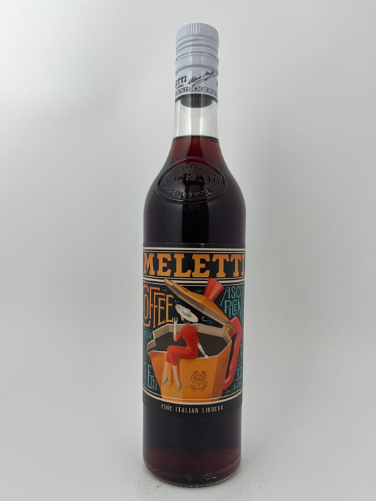 Bottle of Meletti Coffee Liqueur in a white backround.