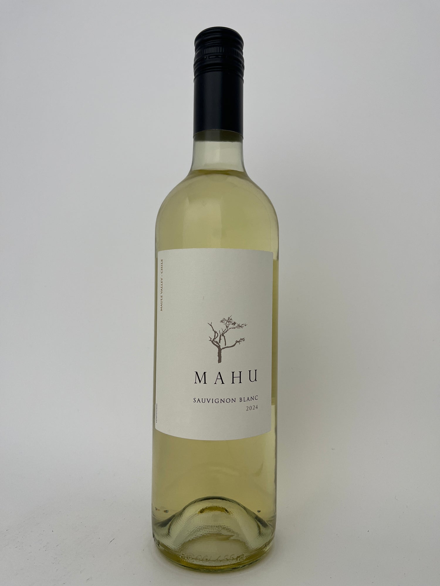 Bottle of Mahu, Sauvignon Blanc, Maule Valley, Valle Central, Chile 2024 in a white backround.	