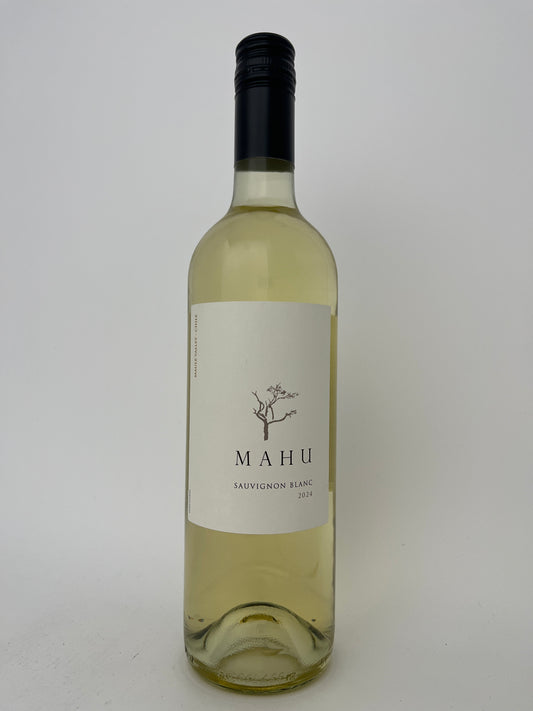 Bottle of Mahu, Sauvignon Blanc, Maule Valley, Valle Central, Chile 2024 in a white backround.	