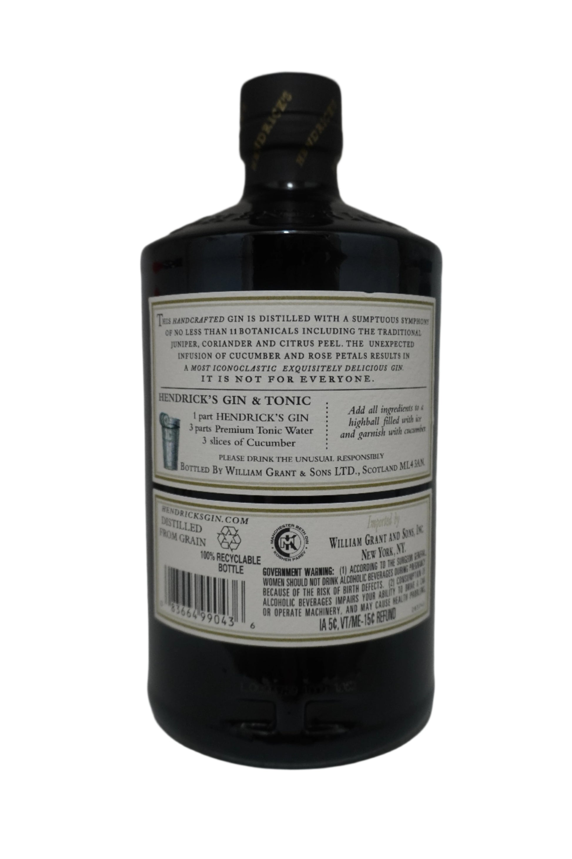 Liquor. Bottle of Hendrick's Gin. Aromatic with notes of Cucumber and Citrus. Stout black bottle with white label. 
Back label of bottle of Hendrick's. 