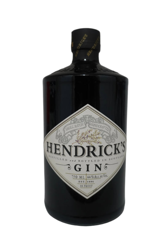 Liquor. Bottle of Hendrick's Gin. Aromatic with notes of Cucumber and Citrus. Stout black bottle with white label.