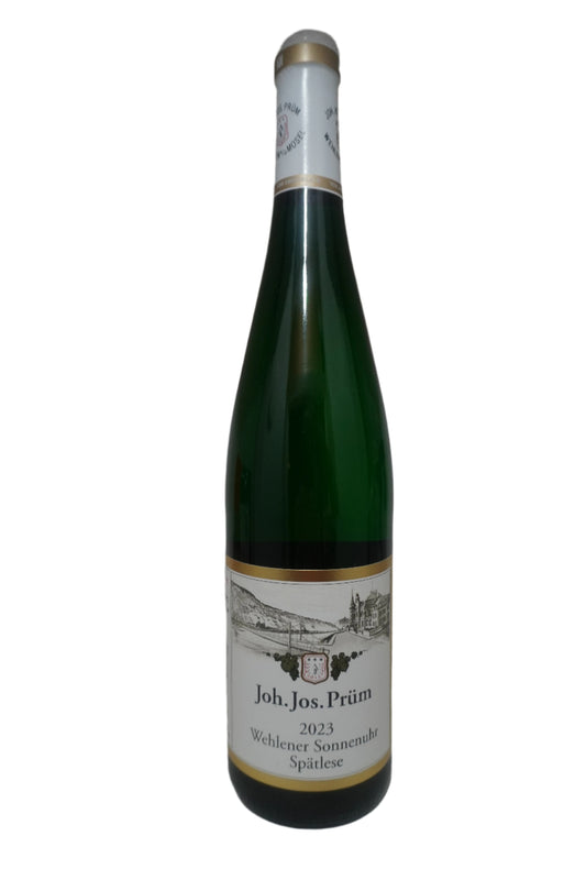 Bottle of Riesling, JJ Prum (Joh. Jos. Prum) one of the most important producers in Mosel, Germany. Wehlener Sonnenuhr Spatlese. 